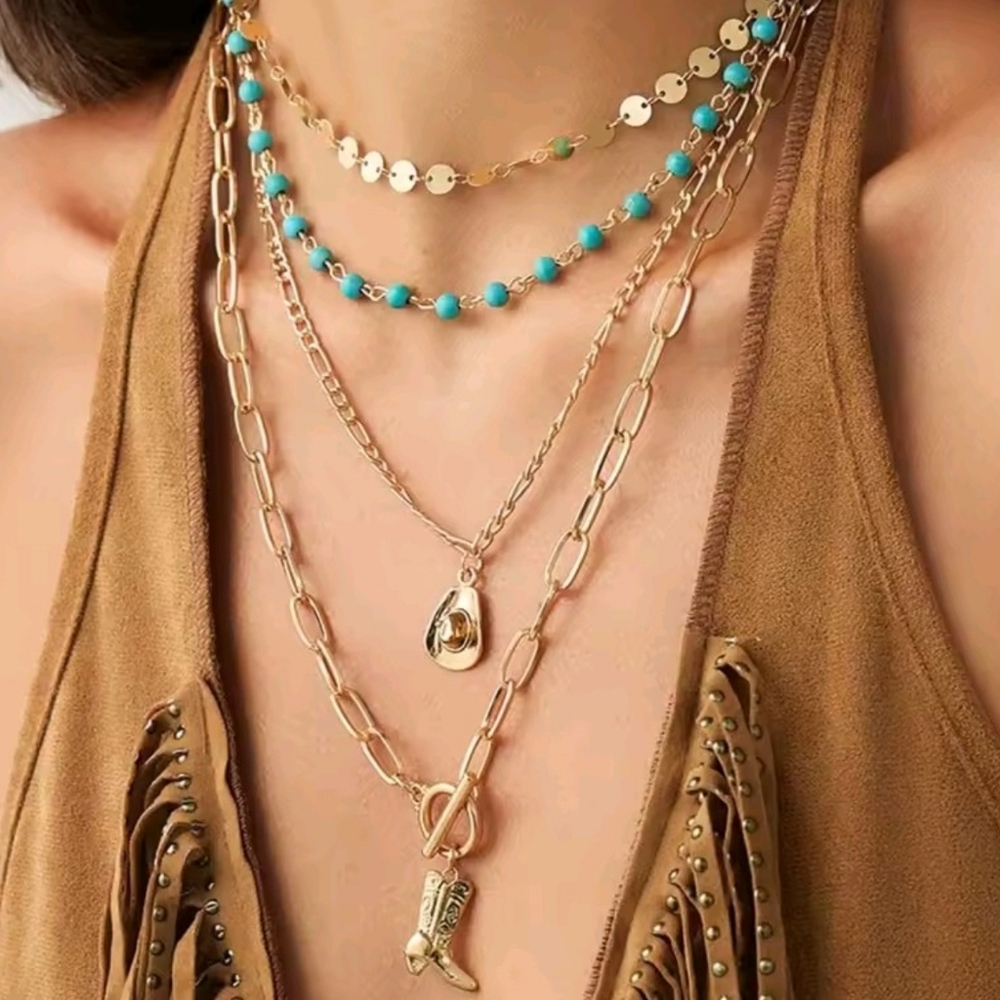 Gold Western Layered Necklace Set Cowboy Boot & Hat Charms Turquoise Beads